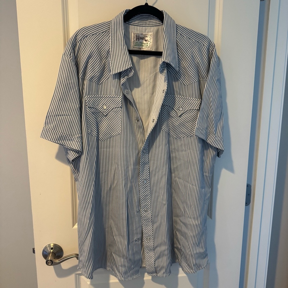 H Bar C Vintage Western Snap Button Shirt Short Sleeve Blue & White Striped